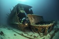 illustration, diver exploring a shipwreck at the bottom of the ocean, ai generative Royalty Free Stock Photo