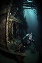 illustration, diver exploring a shipwreck at the bottom of the ocean, ai generative Royalty Free Stock Photo