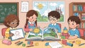 Kids Learning Illustration Children Reading, Drawing, Playing Royalty Free Stock Photo