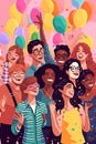 Illustration of a diverse group of people of different genders and sexual orientations coming together for a Pride celebration,