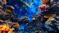 An illustration that dives into the heart of a coral ecosystem, enveloped by a radiant galactic aura, where oceanic life
