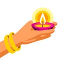 Illustration of Diwali hand holds oil lamp. Deepavali or dipavali festival of lights.