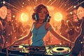 Illustration of A DJ woman playing music at a nightclub is a dynamic and energetic image that captures the vibrant and