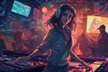 Illustration of A DJ woman playing music at a nightclub is a dynamic and energetic image that captures the vibrant and