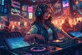 Illustration of A DJ woman playing music at a nightclub is a dynamic and energetic image that captures the vibrant and