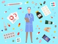 Doctor or pharmacologist with forehead mirror on background with health care stuff. Pills and drugs Royalty Free Stock Photo