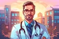 illustration of a doctor in a white coat with stethoscope, a friendly doctor for children, pediatrist