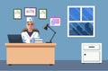 The illustration of a doctor who is sitting in his office and working. The doctor`s office. The interior design. The