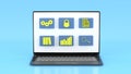 Illustration of document management with icons. Laptop with virtual information symbols. 3D Render