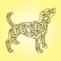 Illustration. Dog with flowers on a yellow background.