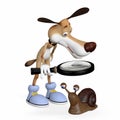 Illustration. The dog with a magnifying glass examines a snail.