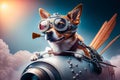 Illustration of dog pilot in fighter plane. dog pilot in aviator goggles. Generative AI