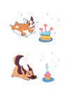 Illustration dogs have a birthday. Cute bulldog runs to the festive cake. German shepherd is preparing to eat a birthday Royalty Free Stock Photo