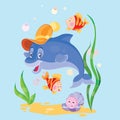 Illustration, dolphin and fish swim on the bottom of the sea among seaweed, cartoon illustration, vector