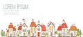 Illustration with doodle cartoon colored houses on white background..
