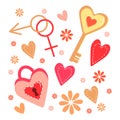 Illustration, doodles on the theme of Love, heart-key, heart-lock, signs of the feminine and masculine principles, flowers.