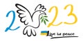 2023 greeting card for peace in Ukraine, with the drawing of a dove carrying an olive branch.