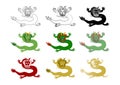 Illustration of dragon facing forward. Various types of collection sets.