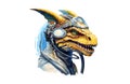 Illustration of a dragon head in a futuristic pilot helmet. Fantastic character dragon warrior on a white background