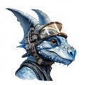 Illustration of a dragon head in a futuristic pilot helmet. Fantastic character dragon warrior on a white background