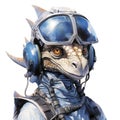 Illustration of a dragon head in a futuristic pilot helmet. Fantastic character dragon warrior on a white background