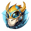 Illustration of a dragon head in a futuristic pilot helmet. Fantastic character dragon warrior on a white background