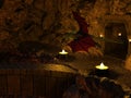 Illustration of a dragon soaring through a dark cavern with a stone walkway