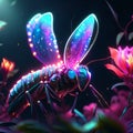 Illustration of a dragonfly on a background of flowers in neon light AI generated