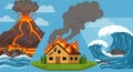 Volcano eruption house fire and giant tsunami waves Royalty Free Stock Photo