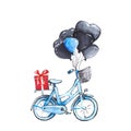 Illustration drawing blue bicycle with black balloons and gift