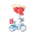 Illustration drawing blue bicycle with red balloons and a gift