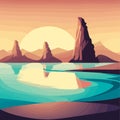 Vector sea water, island, big sun, sunshine, dawn, coconut tree illustration drawing