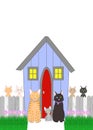 Illustration drawing of a cat family in front of a house Royalty Free Stock Photo