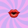 Illustration drawing of red female lips on a violet lilac background in pop art style.