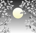 Illustration drawing Halloween scary night scene, Yellow full moon with black and white leaves tree branches Royalty Free Stock Photo