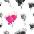 Illustration drawing heart balloons black and white seamless pattern