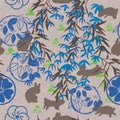 Japanese Mon bamboo Fuji rabbit brown blue fabric seamless pattern