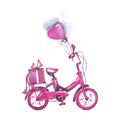 Illustration drawing purple bicycle with purple balloons and a gift