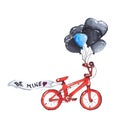 Illustration drawing red bicycle with black and blue balloons and ribbon with text be mine