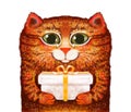 Illustration of a drawn ginger cute cat with a gift in his paws