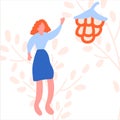 An illustration drawn by the hand of a woman harvests. Girl with a berry in a circle of abstract symbols. Foliage