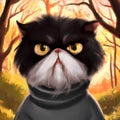 grumpy looking Persian black and white cat with yellow eyes drawn style illustration