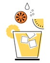 Illustration drawn summer cocktail with pineapple pieces, orange juice and ice cubes. Icon, clip art