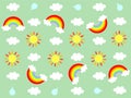 This illustration draws rainbow, sun, clouds, raindrops