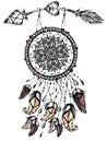Illustration of dream catcher with arrow, native american poster.Tattoo design