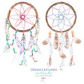 Illustration with dreamcatchers, hand drawn in watercolor on a white background Royalty Free Stock Photo