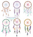 Illustration with dreamcatchers, hand drawn in watercolor on a white background Royalty Free Stock Photo