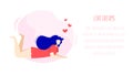 Illustration with dreaming girl, hearts and text field. Romantic card in trendy flat linear style. Vector