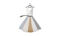 Illustration of dress made up of sustainable textiles, wool, silk, organic cotton, linen and hemp. Sustainable fashion