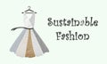 Illustration of dress made up of sustainable textiles, wool, silk, organic cotton, linen and hemp. With Sustainable Fashion text.